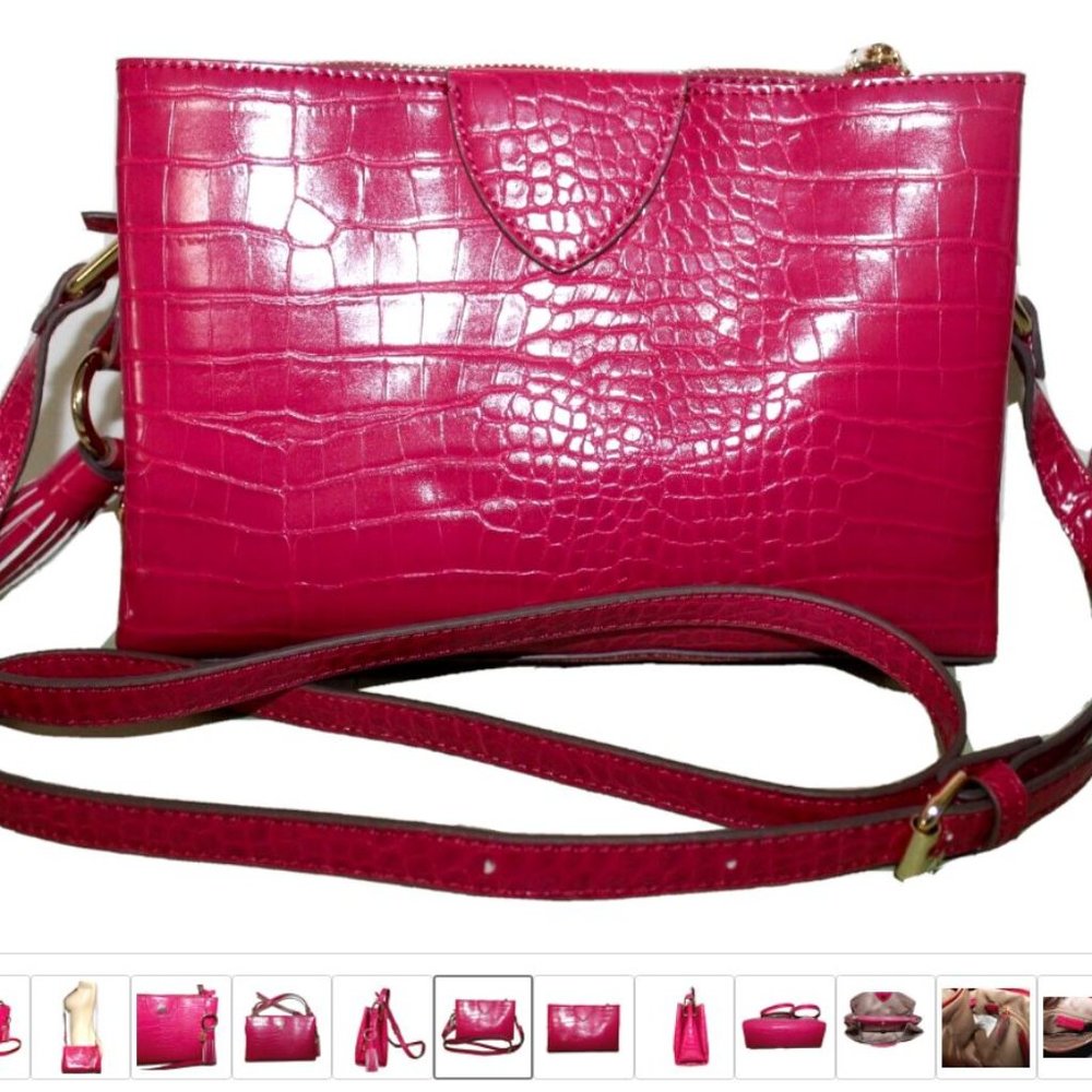 Anne Klein Maya Triple xBody Tassel Bright Rose Croc Crossbody Bag Organizer New - Picture 2 of 7